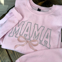 Load image into Gallery viewer, Embroidered MAMA crewneck - university font with bow
