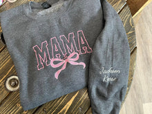 Load image into Gallery viewer, Embroidered MAMA crewneck - university font with bow

