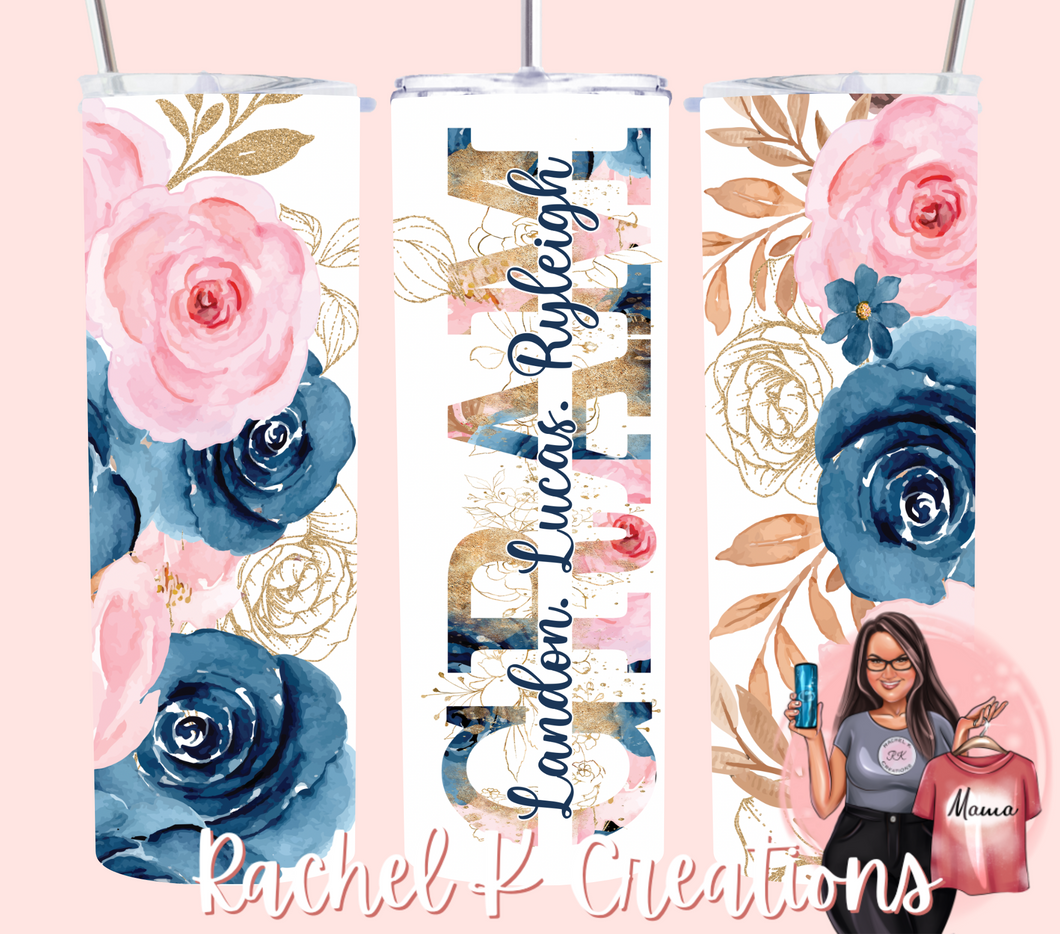 Pink  & Teal customizable floral tumbler (Mama, Nana, Gram, Mimi, etc.)